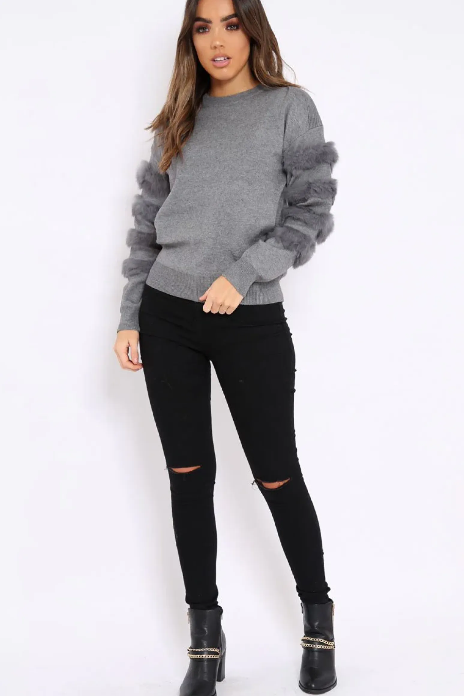 Rebellious Fashion Dark Grey Fur Sleeve Knitted Jumper - Courtnie