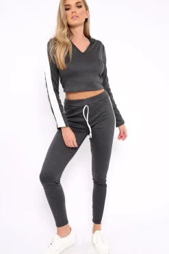 Rebellious Fashion Dark Grey Hoodie and Joggers Side Stripe Loungewear Set - Dora
