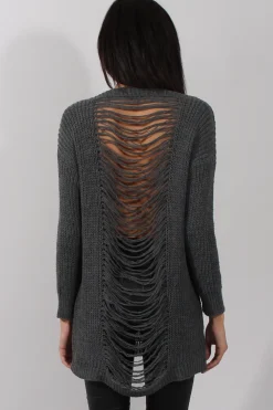 Rebellious Fashion Dark Grey Knitted Distressed Back Jumper Dress - Cara