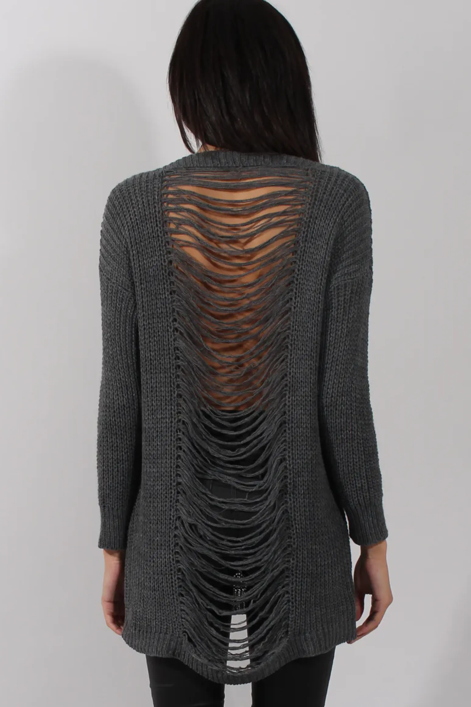 Rebellious Fashion Dark Grey Knitted Distressed Back Jumper Dress - Cara