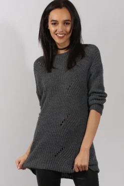 Rebellious Fashion Dark Grey Knitted Distressed Back Jumper Dress - Cara