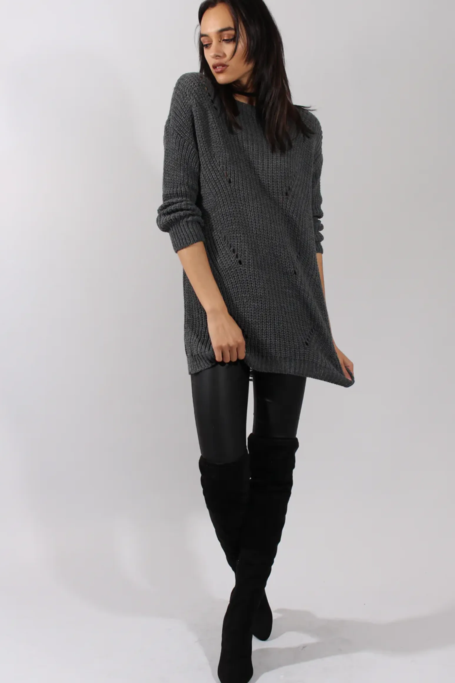 Rebellious Fashion Dark Grey Knitted Distressed Back Jumper Dress - Cara