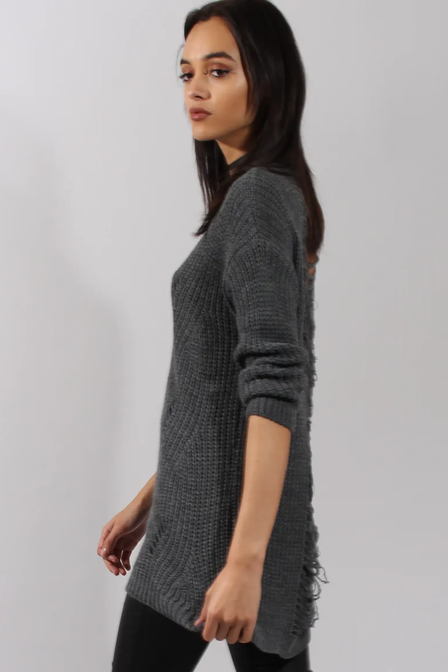 Rebellious Fashion Dark Grey Knitted Distressed Back Jumper Dress - Cara