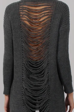 Rebellious Fashion Dark Grey Knitted Distressed Back Jumper Dress - Cara