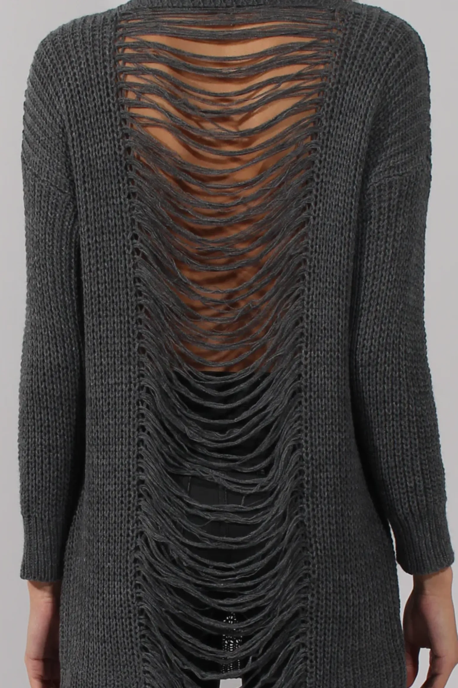 Rebellious Fashion Dark Grey Knitted Distressed Back Jumper Dress - Cara