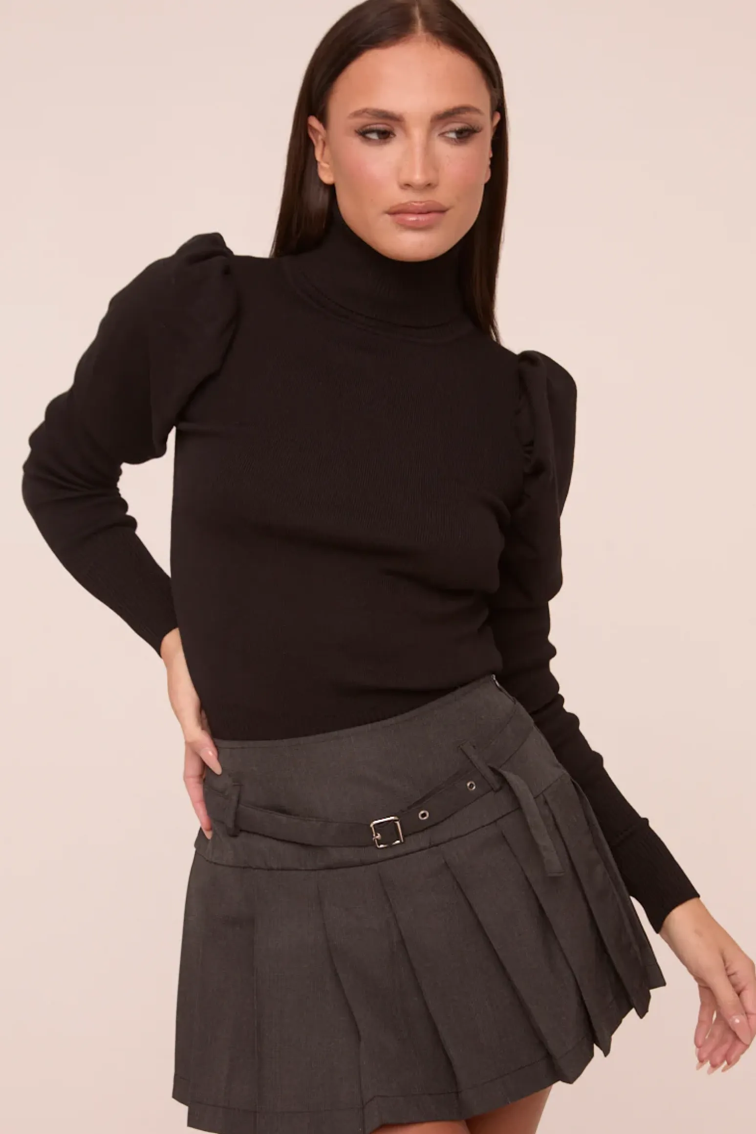 Rebellious Fashion Dark Grey Pleated Belt Detail Mini Skirt - Priyana