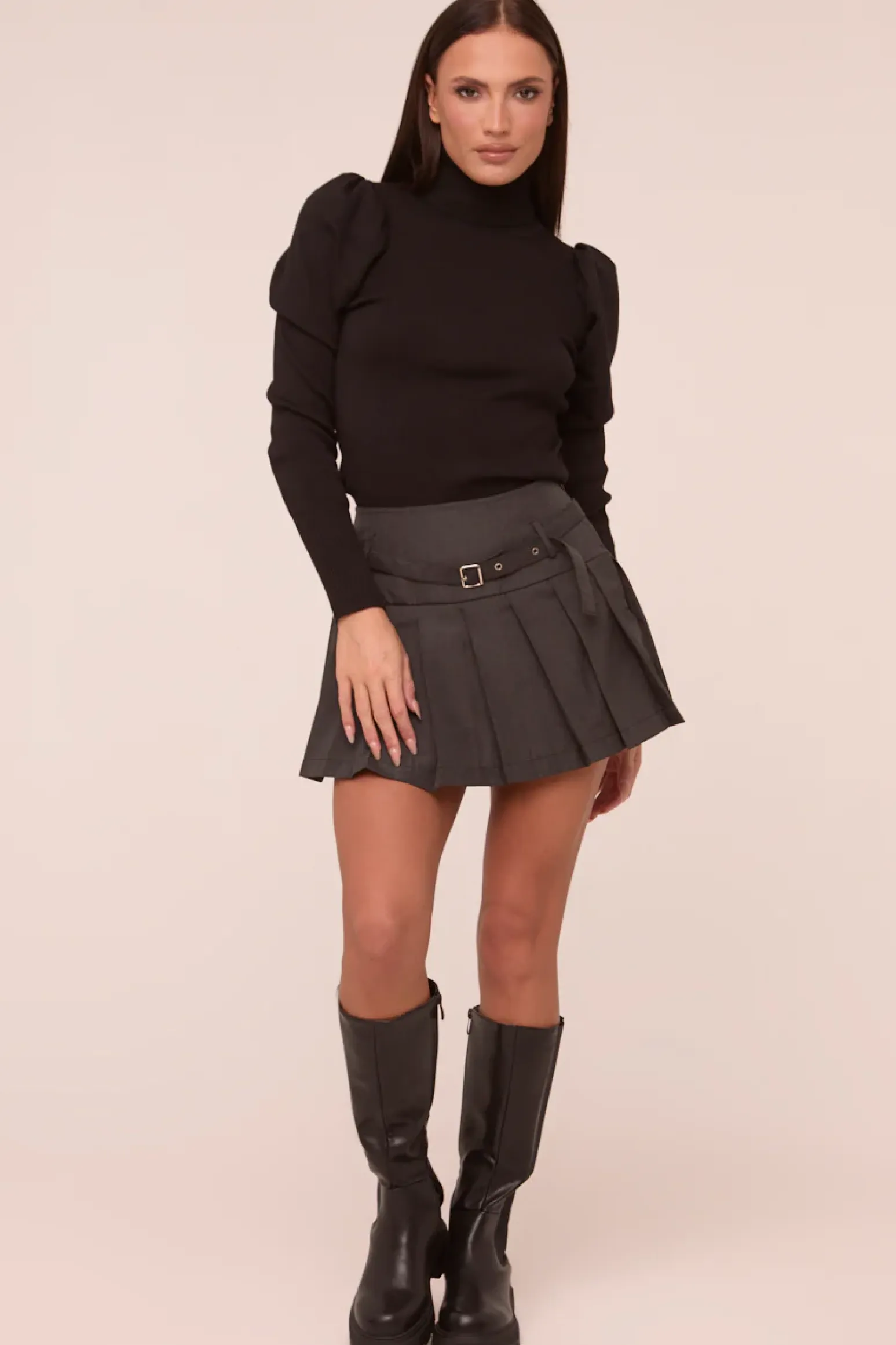 Rebellious Fashion Dark Grey Pleated Belt Detail Mini Skirt - Priyana