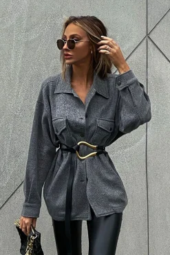 Rebellious Fashion Dark Grey Pocket Oversized Brushed Shacket - Caley