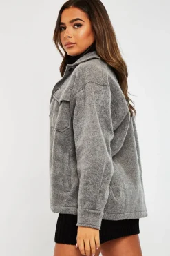 Rebellious Fashion Dark Grey Pocket Oversized Brushed Shacket - Caley