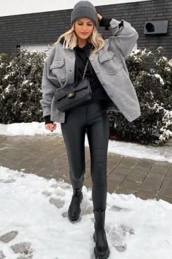 Rebellious Fashion Dark Grey Pocket Oversized Brushed Shacket - Caley