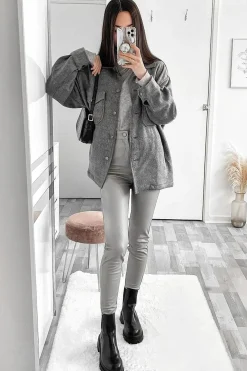 Rebellious Fashion Dark Grey Pocket Oversized Brushed Shacket - Caley
