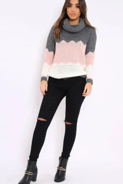 Rebellious Fashion Dark Grey Rose and Cream ZigZag Patterned Roll Neck Jumper - Nataley