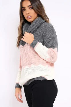 Rebellious Fashion Dark Grey Rose and Cream ZigZag Patterned Roll Neck Jumper - Nataley