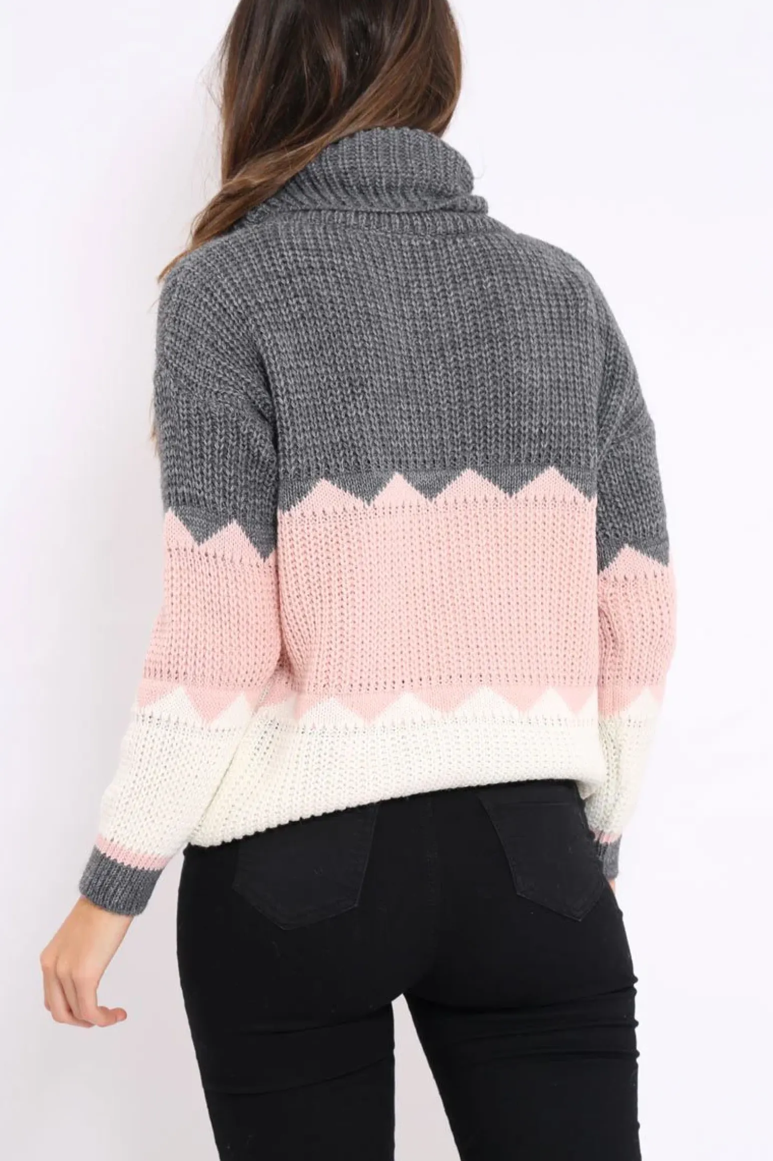 Rebellious Fashion Dark Grey Rose and Cream ZigZag Patterned Roll Neck Jumper - Nataley