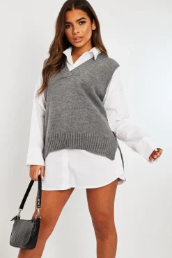 Rebellious Fashion Dark Grey Shirt Insert Knit Vest Top - Caris