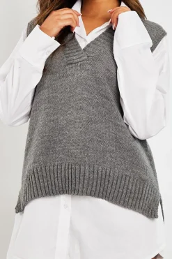 Rebellious Fashion Dark Grey Shirt Insert Knit Vest Top - Caris