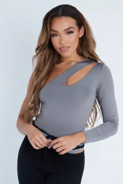 Rebellious Fashion Dark Grey Slinky Cut Out One Sleeve Bodysuit - Debby