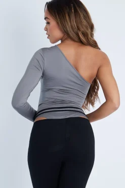 Rebellious Fashion Dark Grey Slinky Cut Out One Sleeve Bodysuit - Debby