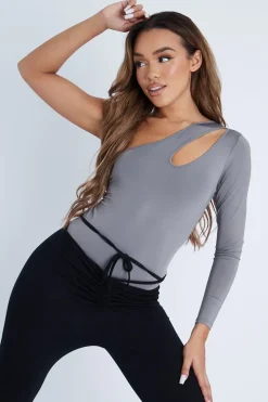 Rebellious Fashion Dark Grey Slinky Cut Out One Sleeve Bodysuit - Debby