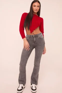 Rebellious Fashion Dark Grey Stretch Mid Waist Kick Flare Denim Jeans - Aspen