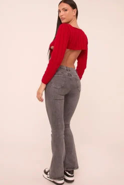 Rebellious Fashion Dark Grey Stretch Mid Waist Kick Flare Denim Jeans - Aspen