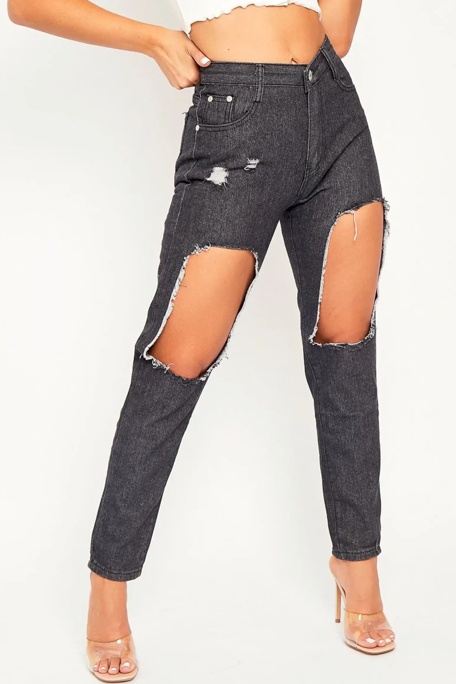 Rebellious Fashion Dark Grey Thigh Rip Mom Jeans - Ellisen
