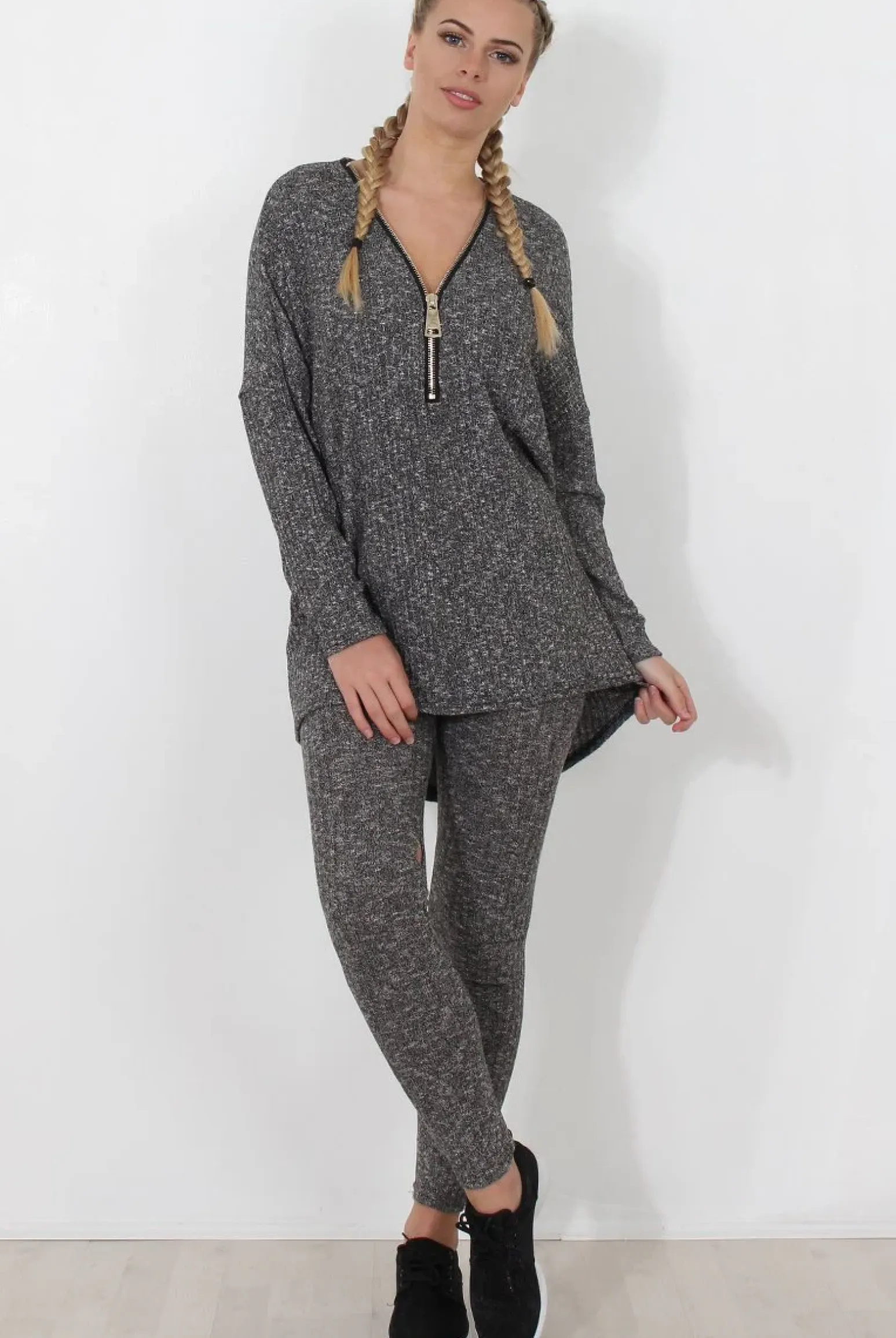 Rebellious Fashion Dark Grey V Neck Loungewear Set - Charlene