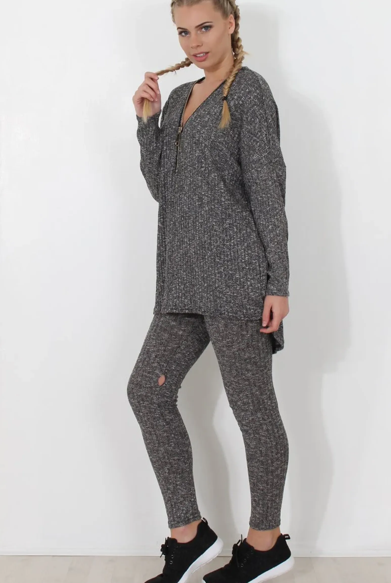 Rebellious Fashion Dark Grey V Neck Loungewear Set - Charlene