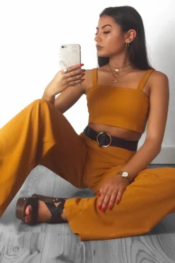 Rebellious Fashion Dark Mustard Crop Top and Trousers Co-ord Set - Kimmy