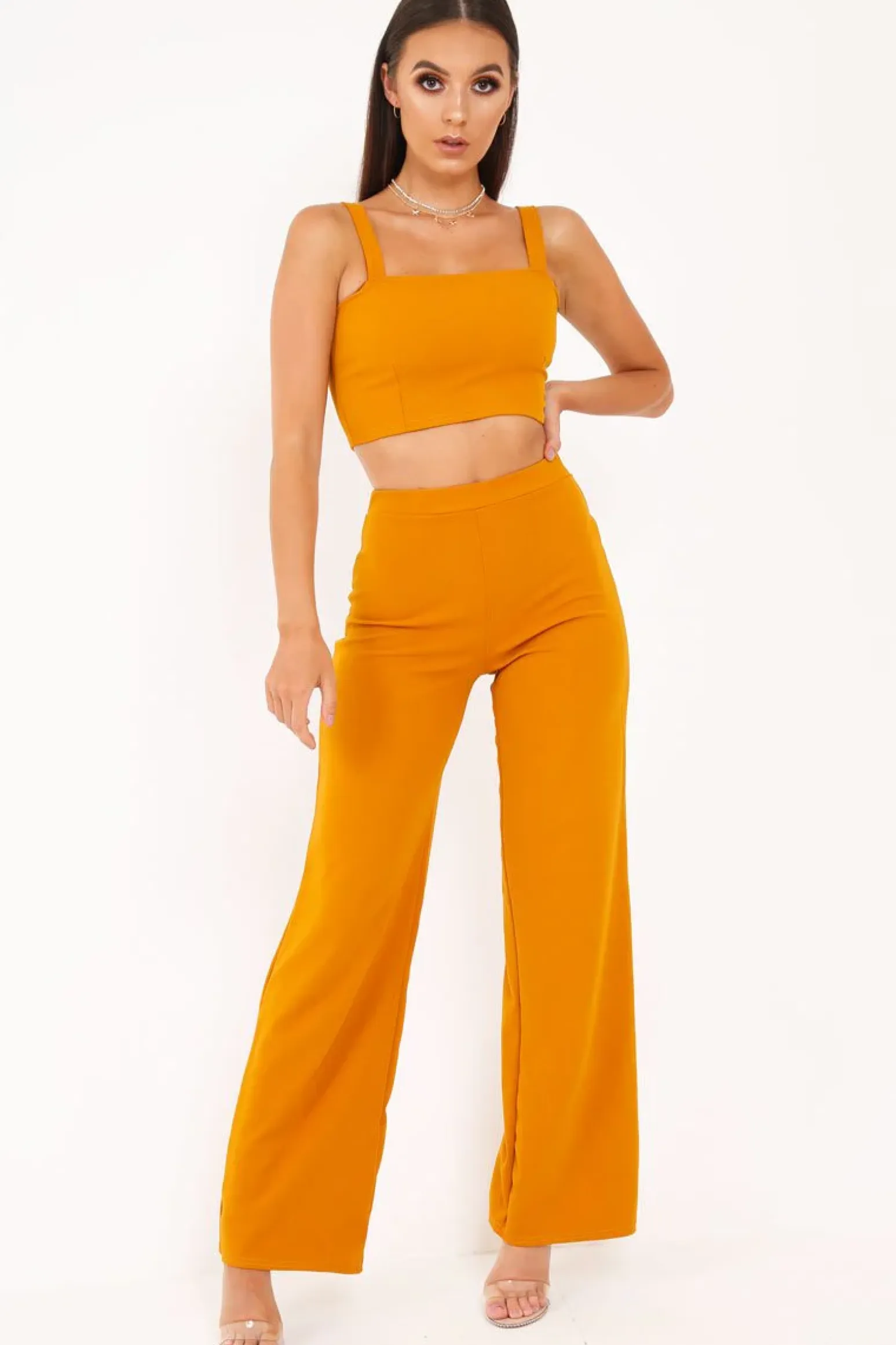 Rebellious Fashion Dark Mustard Crop Top and Trousers Co-ord Set - Kimmy