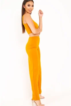 Rebellious Fashion Dark Mustard Crop Top and Trousers Co-ord Set - Kimmy