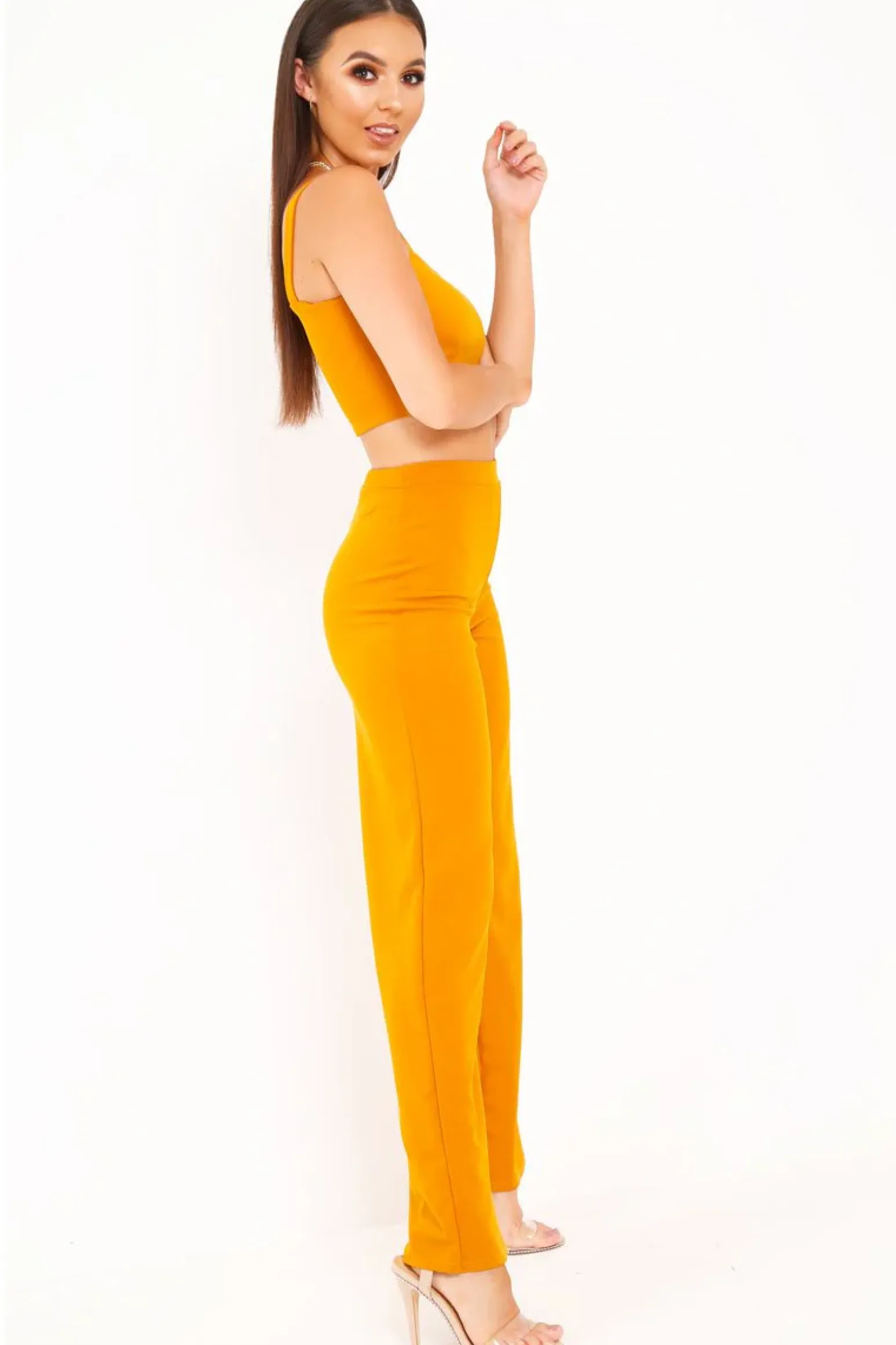 Rebellious Fashion Dark Mustard Crop Top and Trousers Co-ord Set - Kimmy