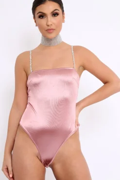 Rebellious Fashion Dark Pink Satin Diamante Strap Bodysuit - Abbielee
