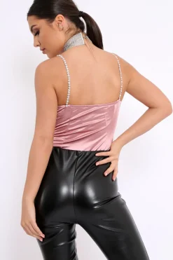 Rebellious Fashion Dark Pink Satin Diamante Strap Bodysuit - Abbielee