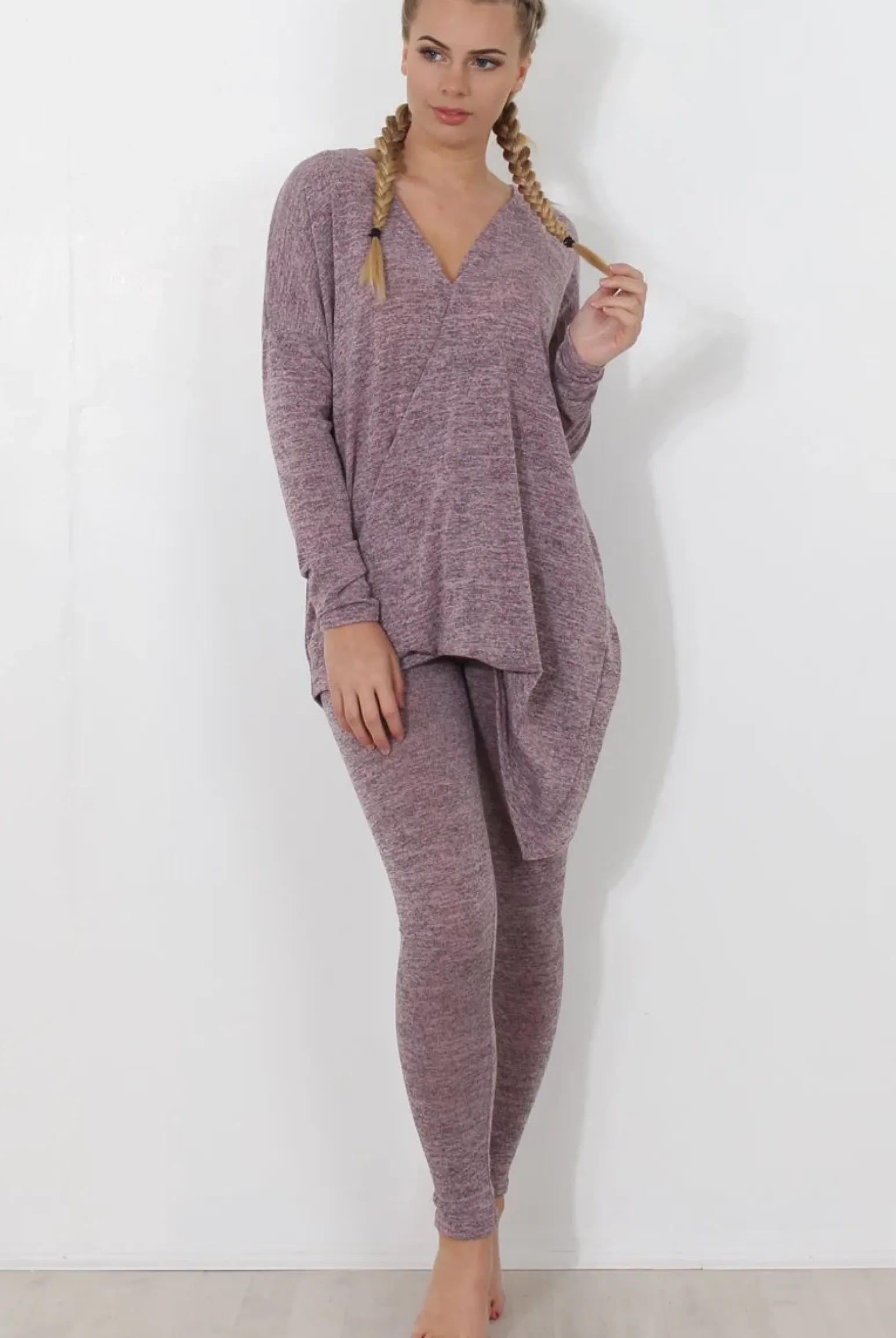 Rebellious Fashion Dark Pink V Neck Loungewear Set-Kimi