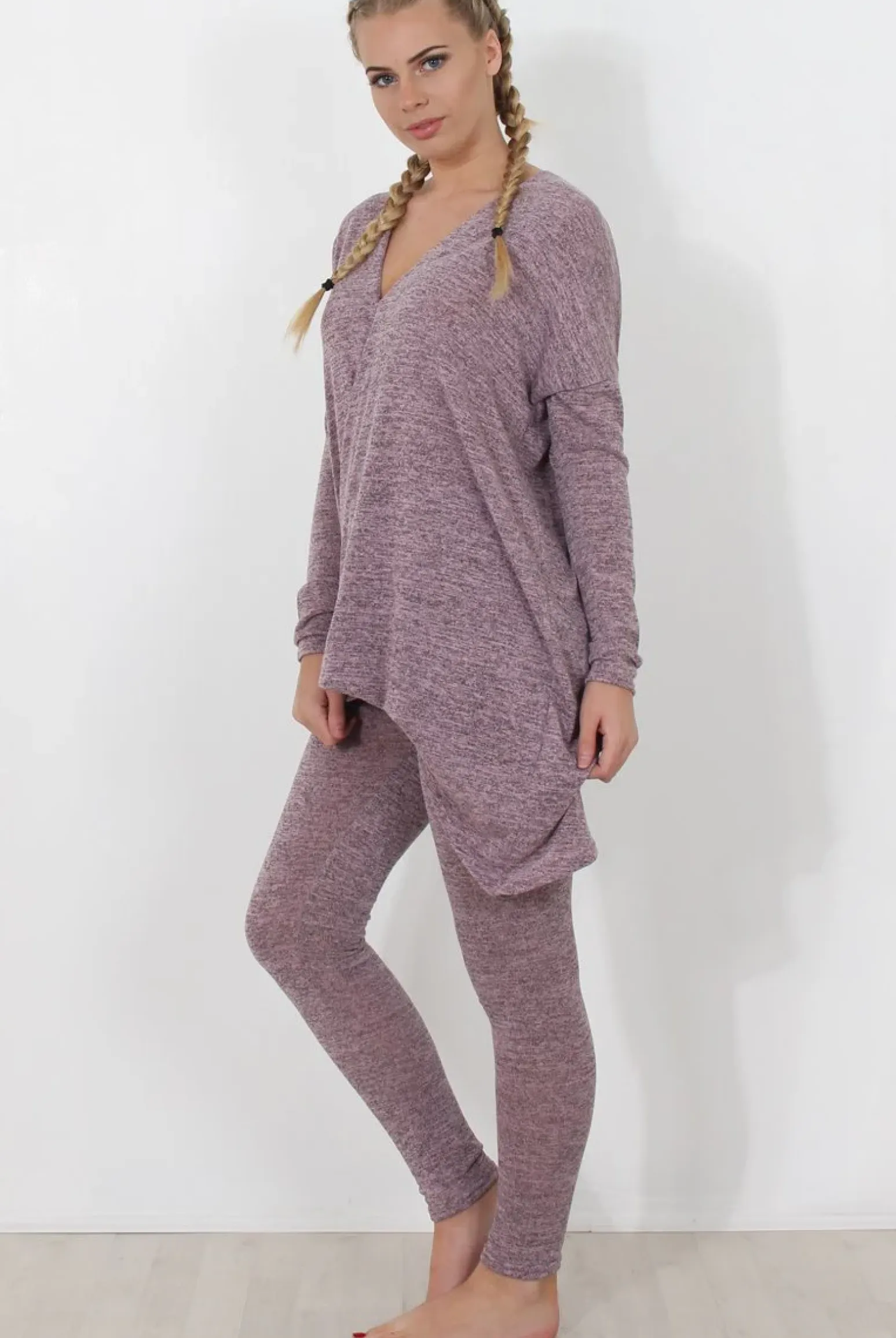 Rebellious Fashion Dark Pink V Neck Loungewear Set-Kimi