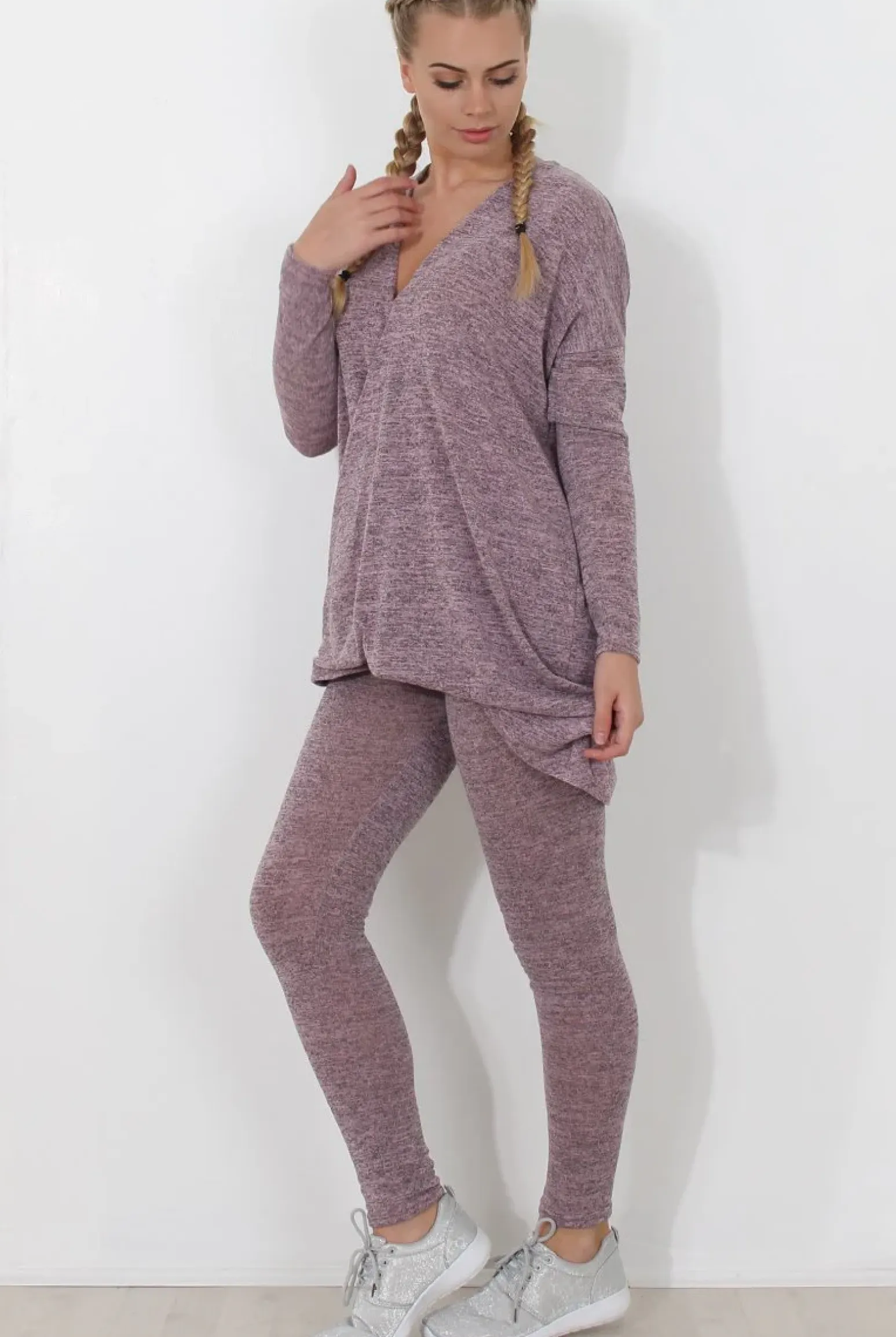 Rebellious Fashion Dark Pink V Neck Loungewear Set-Kimi
