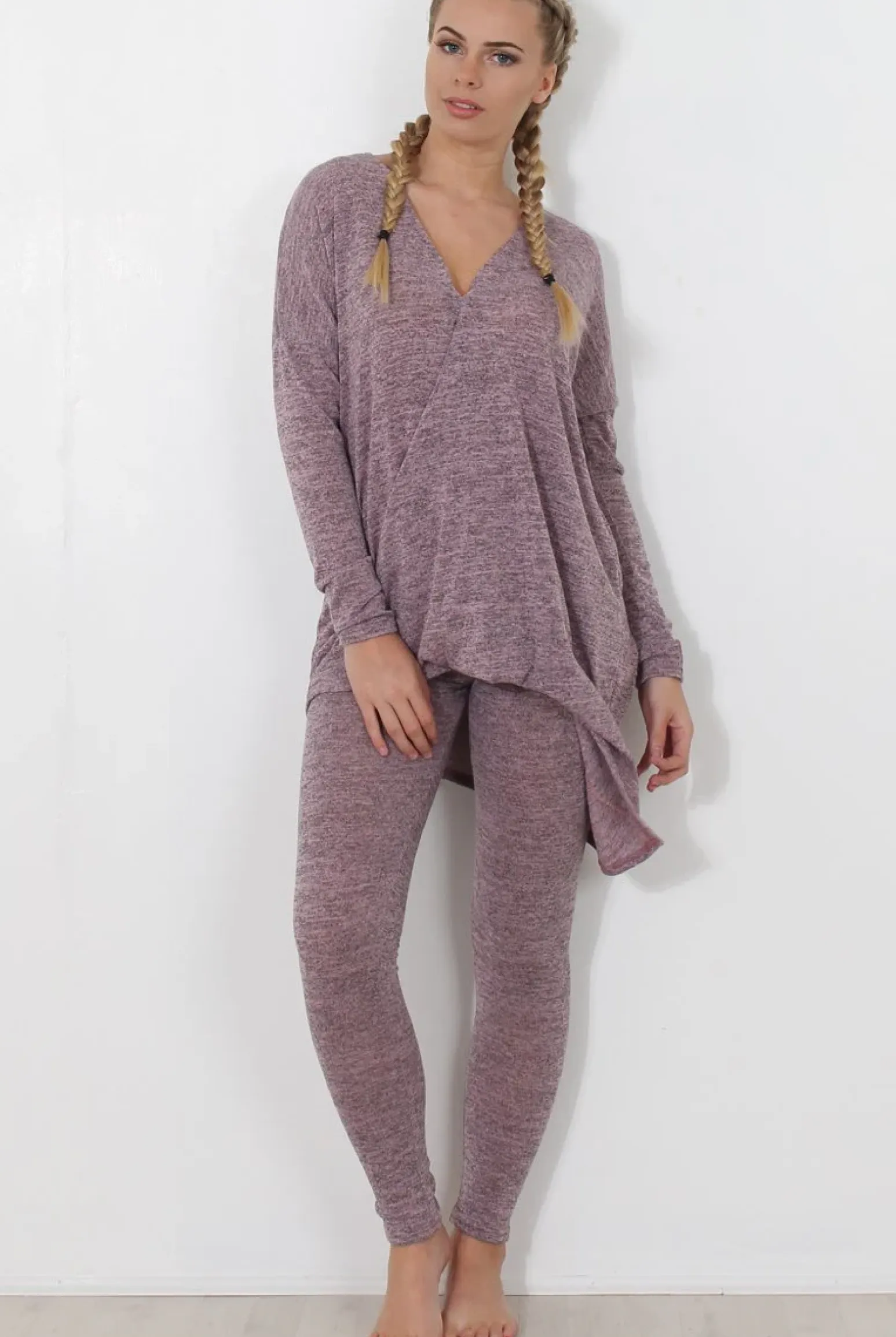 Rebellious Fashion Dark Pink V Neck Loungewear Set-Kimi