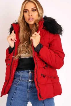Rebellious Fashion Dark Red Fur Trim Adjustable Waist Puffer Coat - Rossie