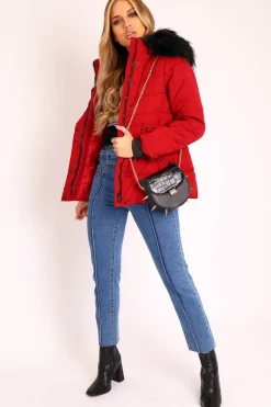 Rebellious Fashion Dark Red Fur Trim Adjustable Waist Puffer Coat - Rossie