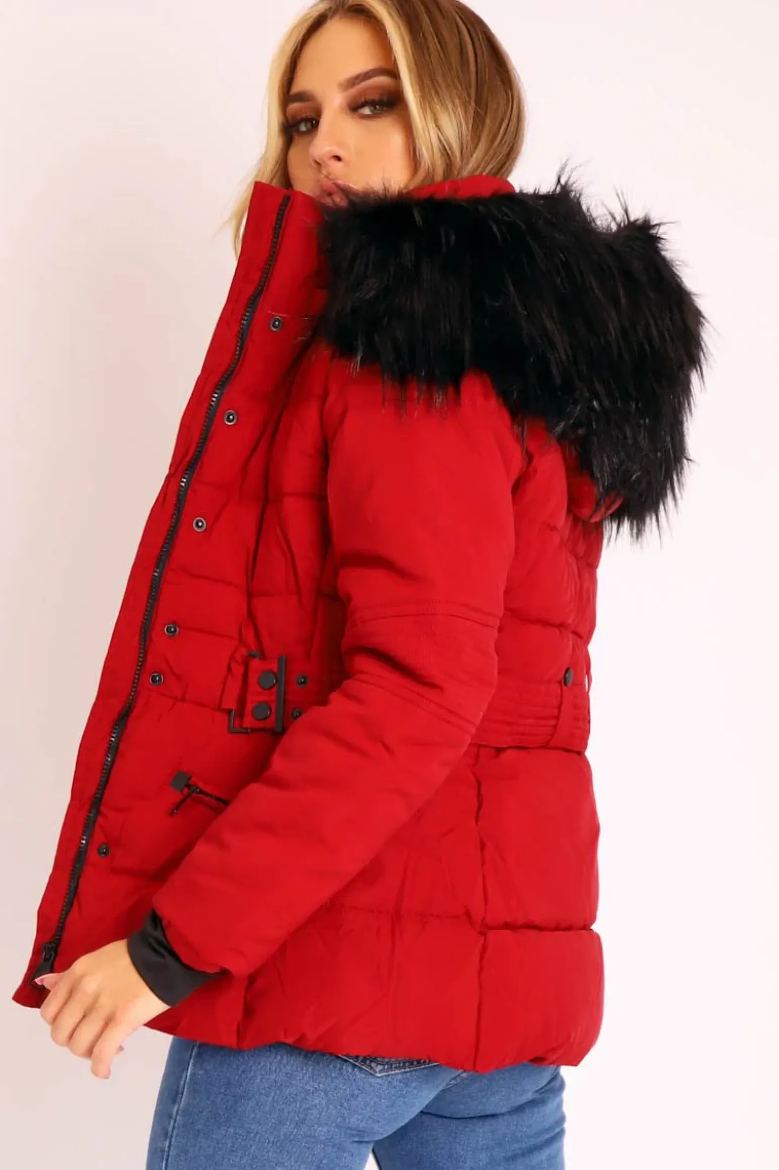 Rebellious Fashion Dark Red Fur Trim Adjustable Waist Puffer Coat - Rossie