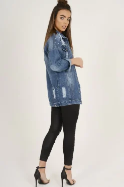 Rebellious Fashion Dark Studded Distressed Oversized Denim Jacket - Barbara