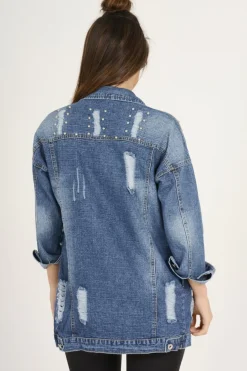 Rebellious Fashion Dark Studded Distressed Oversized Denim Jacket - Barbara
