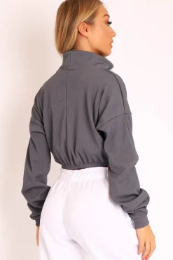 Rebellious Fashion Dark Teal Ribbed Front Zip Sweater - Reeta