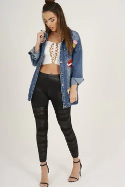 Rebellious Fashion Dark Wash Badge Detail Distressed Denim Jacket - Becca