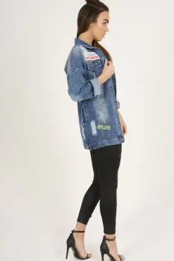 Rebellious Fashion Dark Wash Badge Detail Distressed Denim Jacket - Becca