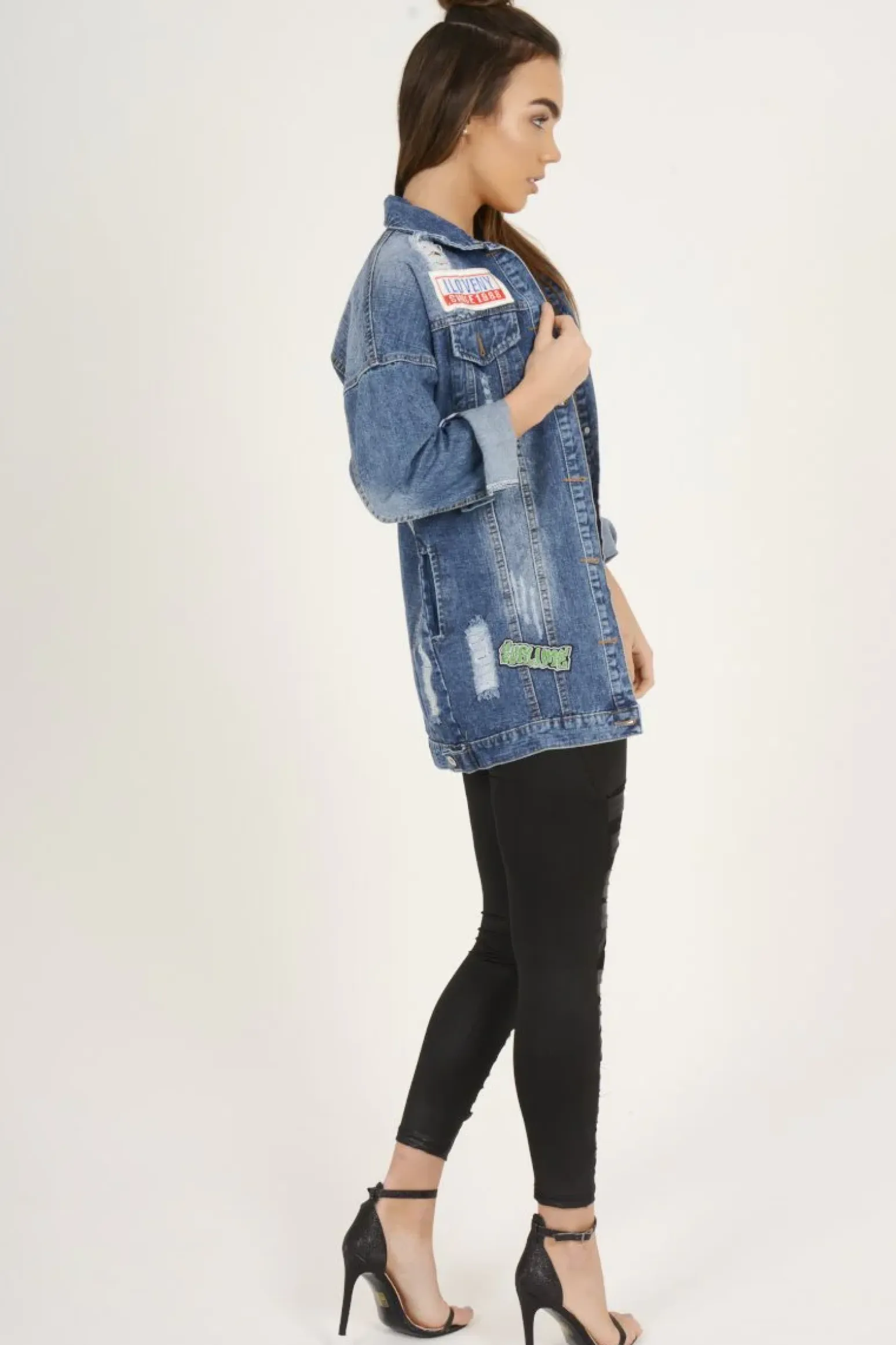 Rebellious Fashion Dark Wash Badge Detail Distressed Denim Jacket - Becca