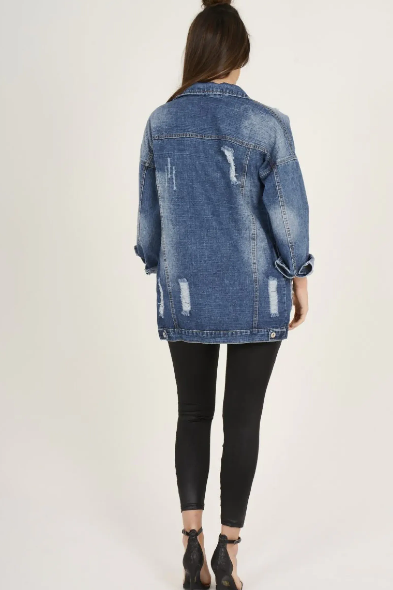 Rebellious Fashion Dark Wash Badge Detail Distressed Denim Jacket - Becca