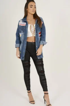 Rebellious Fashion Dark Wash Badge Detail Distressed Denim Jacket - Becca