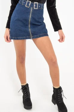 Rebellious Fashion Dark Wash Belted Denim Mini Skirt - Espen